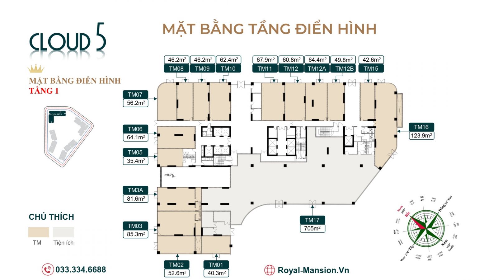 MẶT BẰNG TẦNG 1 TÒA CLOUD 5 CHUNG CƯ ROYAL MANSION