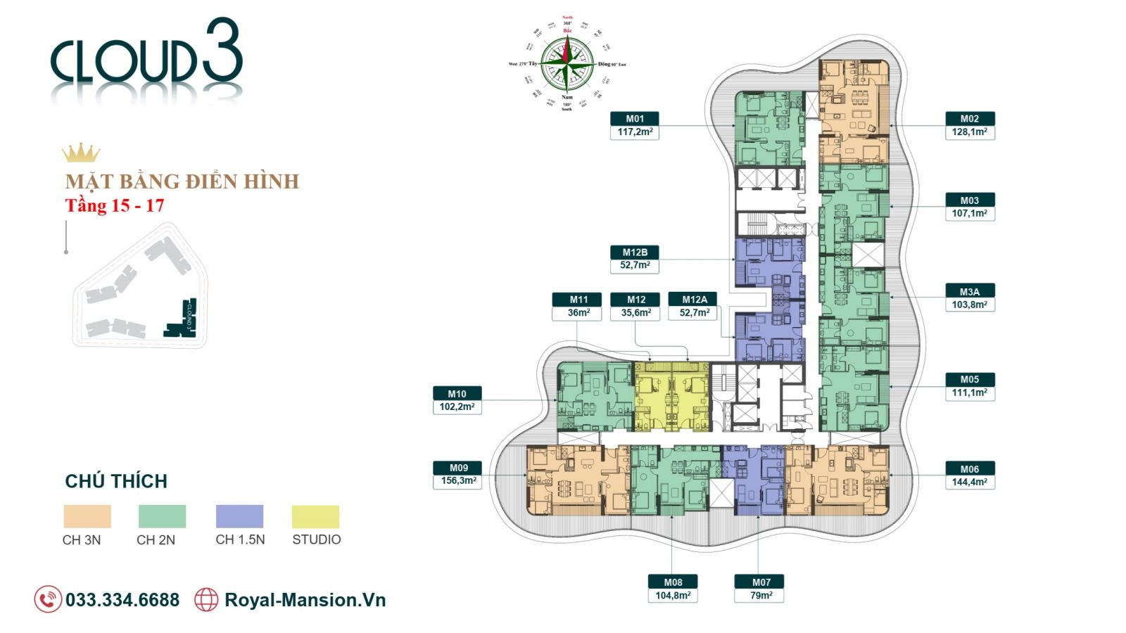 MẶT BẰNG TẦNG 15-17 TÒA CLOUD 3 CHUNG CƯ ROYAL MANSION