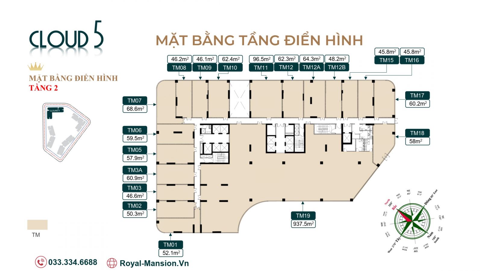 MẶT BẰNG TẦNG 2 TÒA CLOUD 5 CHUNG CƯ ROYAL MANSION