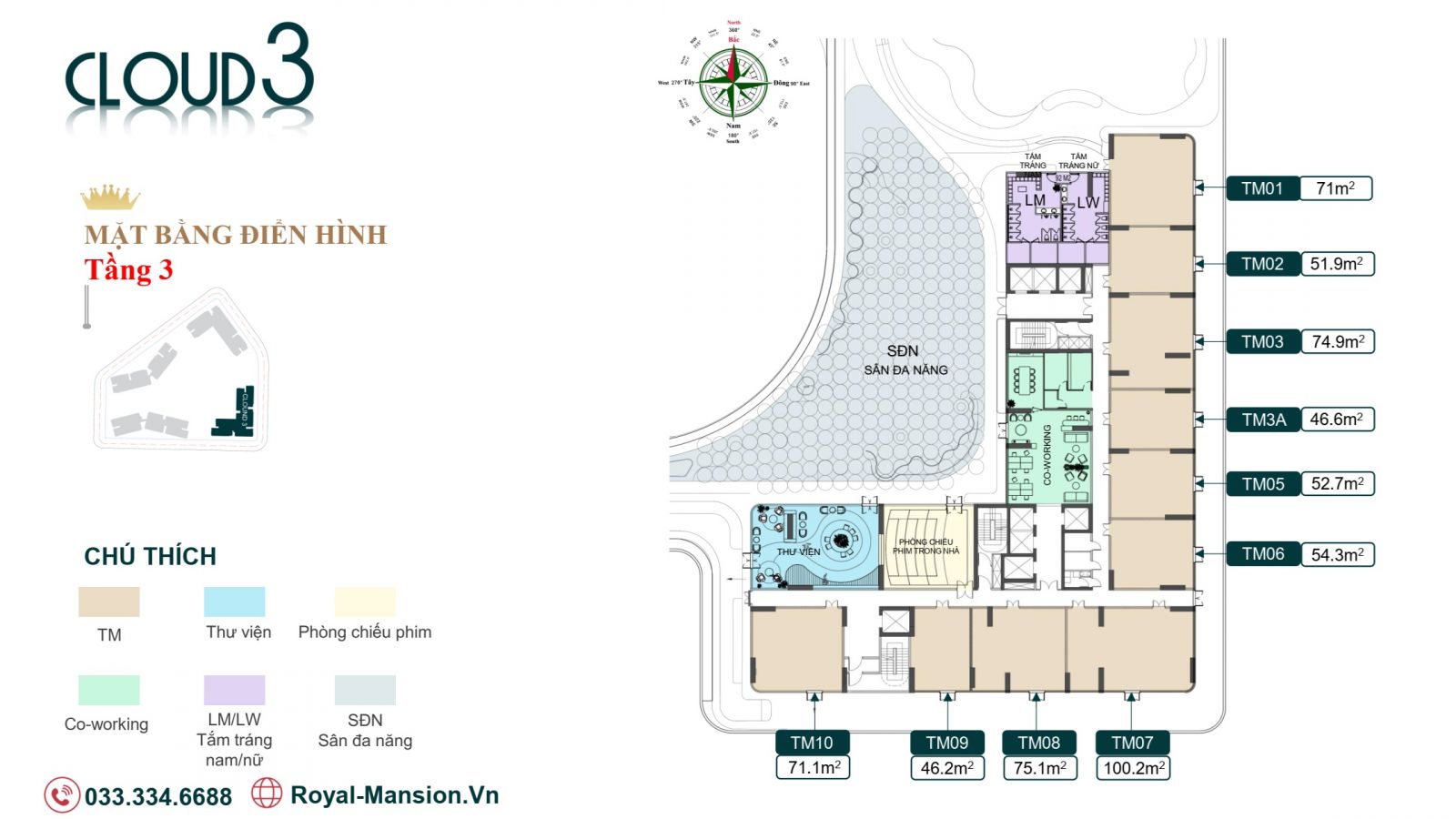 mặt bằng tầng 3 tòa Cloud 3 royal mansion