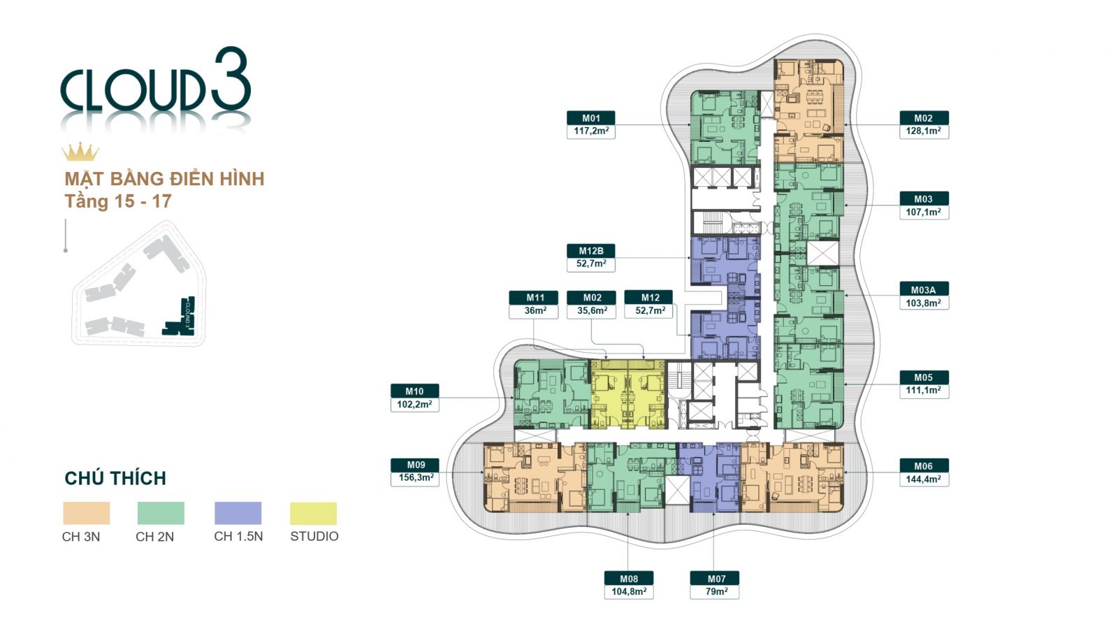 MẶT BẰNG TẦNG 15-17 TÒA CLOUD 3 CHUNG CƯ ROYAL MANSION