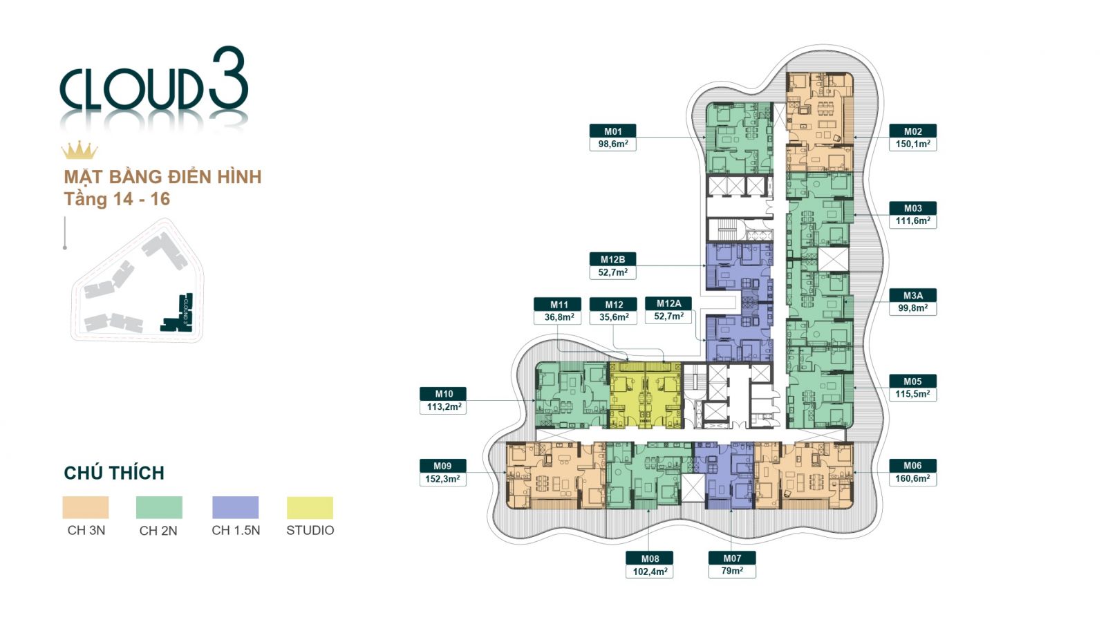 MẶT BẰNG TẦNG 14-16 TÒA CLOUD 3 CHUNG CƯ ROYAL MANSION