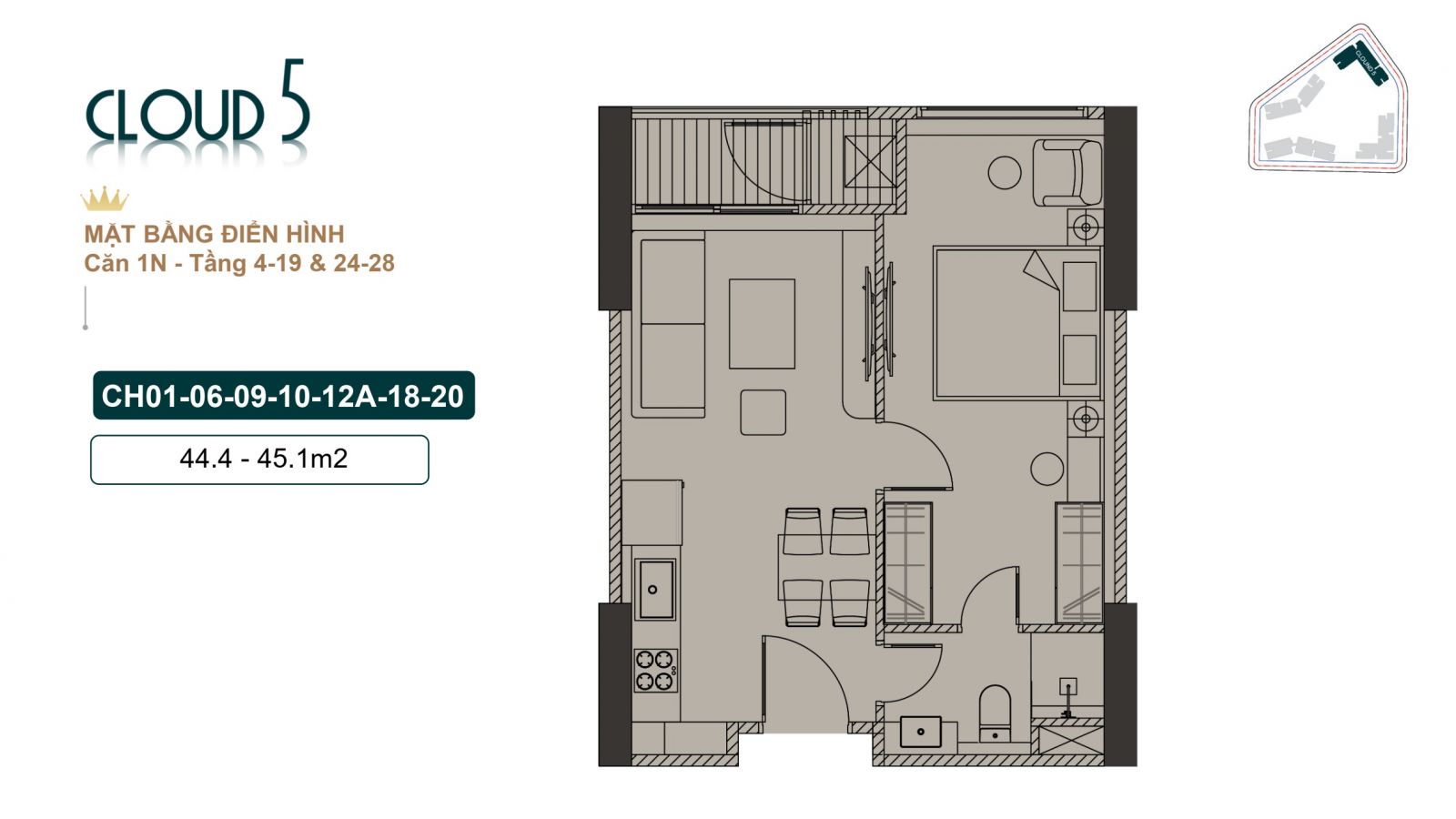 THIẾT KẾ CĂN HỘ 01 PHÒNG NGỦ TÒA CLOUD 5 - ROYAL MANSION