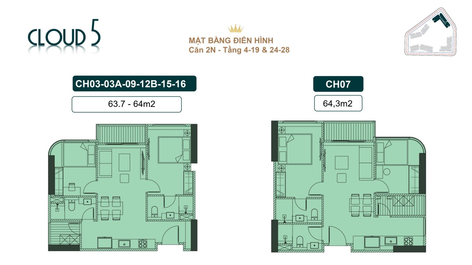 THIẾT KẾ CĂN HỘ 02 PHÒNG NGỦ TÒA CLOUD 5 - ROYAL MANSION