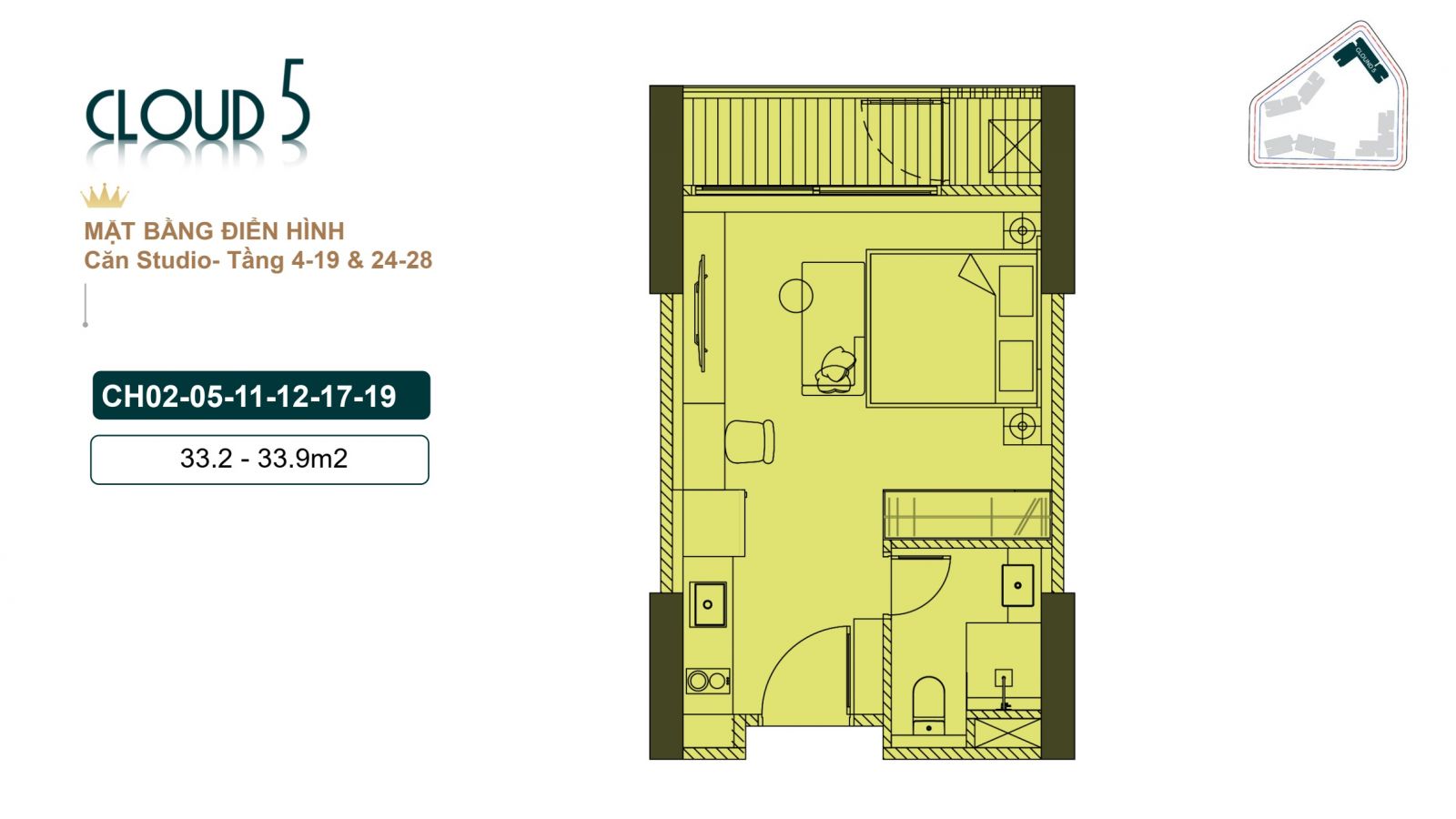 Thiết kế căn hộ Studio tòa Cloud 3 - royal mansion